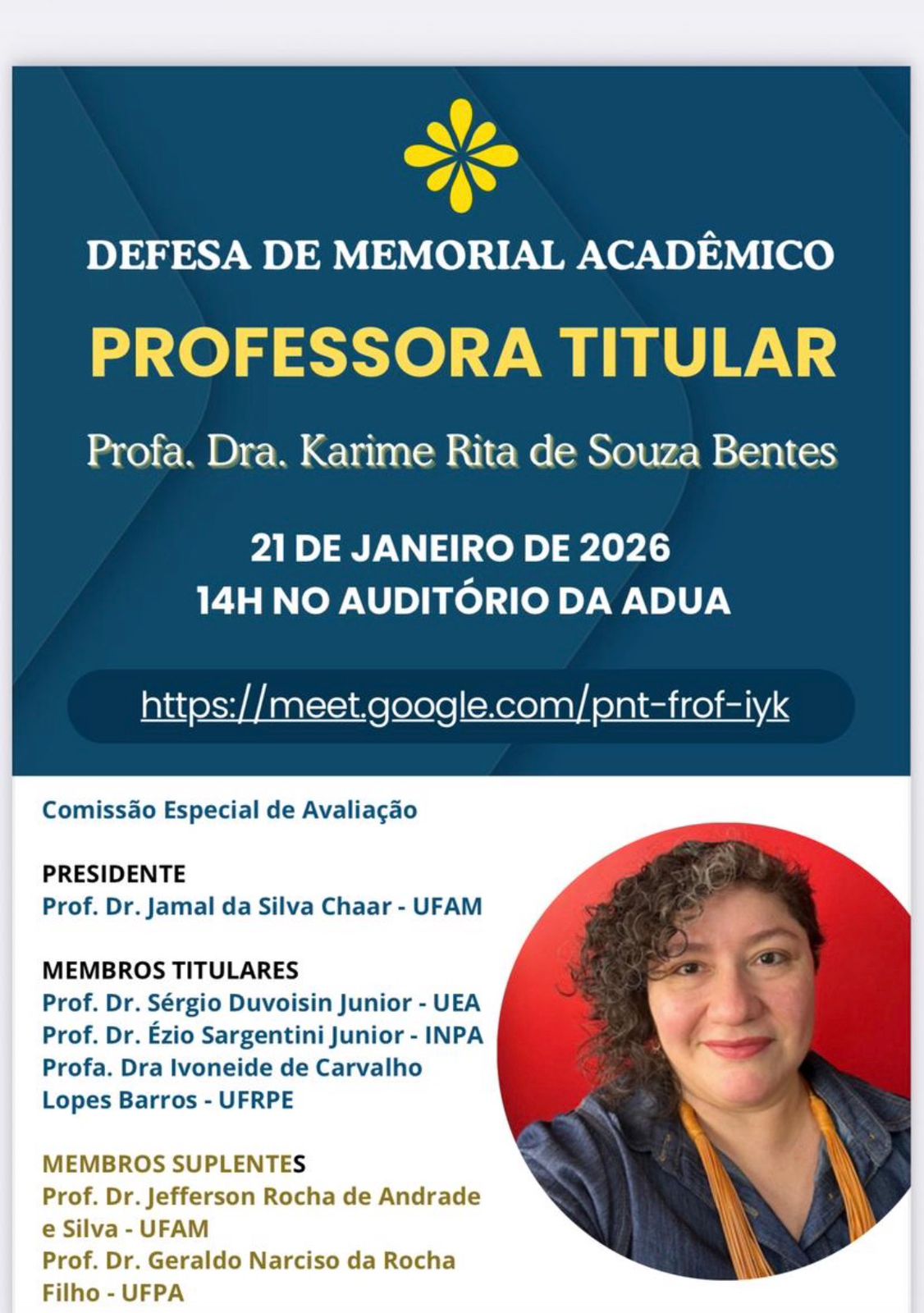 Professora Karime Rita de Souza Bentes defende memorial acadêmico dia 21 de janeiro
